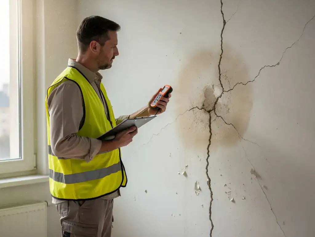 מהנדס בודק ליקויי בנייה בדירה ומודד רטיבות בקיר